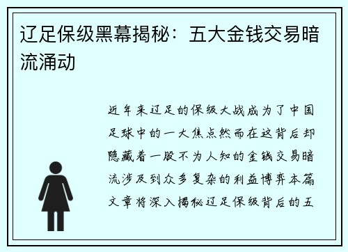 辽足保级黑幕揭秘：五大金钱交易暗流涌动