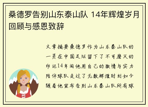 桑德罗告别山东泰山队 14年辉煌岁月回顾与感恩致辞