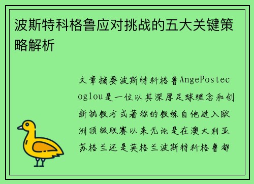 波斯特科格鲁应对挑战的五大关键策略解析