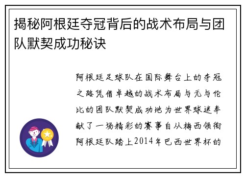 揭秘阿根廷夺冠背后的战术布局与团队默契成功秘诀