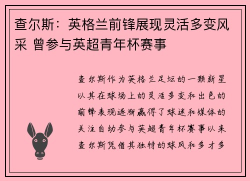 查尔斯:英格兰前锋展现灵活多变风采 曾参与英超青年杯赛事 查尔斯:英格兰前锋展现灵活多变风采 曾参与英超青年杯赛事