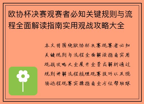 欧协杯决赛观赛者必知关键规则与流程全面解读指南实用观战攻略大全