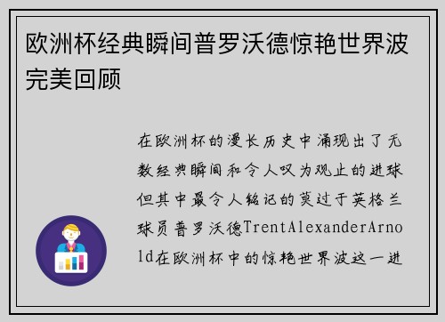 欧洲杯经典瞬间普罗沃德惊艳世界波完美回顾